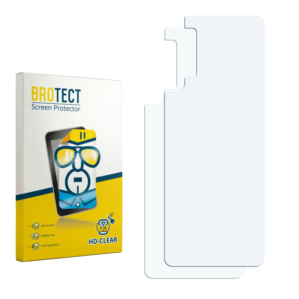 Parte frontal de un envase de producto con el logotipo de la marca BROTECT. Al lado está el protector de pantalla correspondie