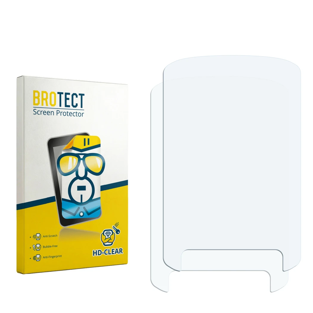 Parte frontal de un envase de producto con el logotipo de la marca BROTECT. Al lado está el protector de pantalla correspondie
