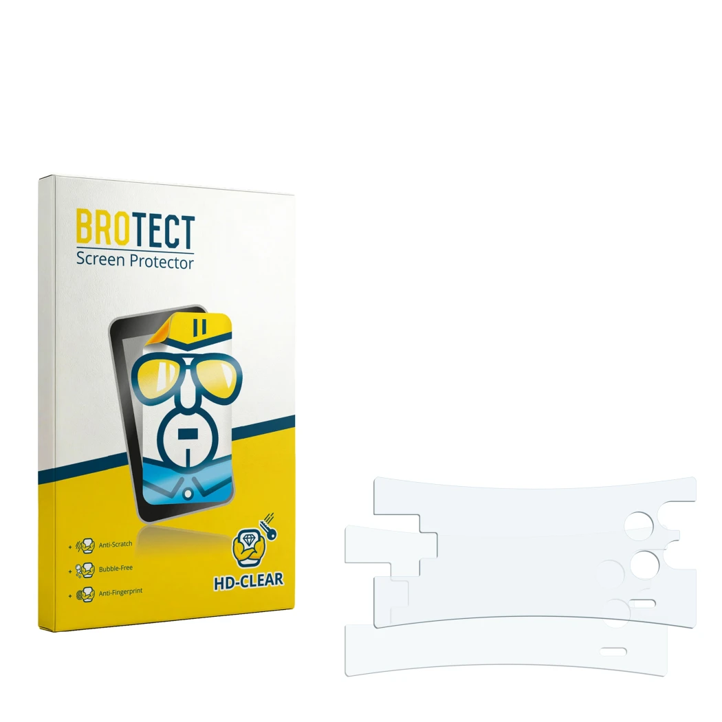 Parte frontal de un envase de producto con el logotipo de la marca BROTECT. Al lado está el protector de pantalla correspondie