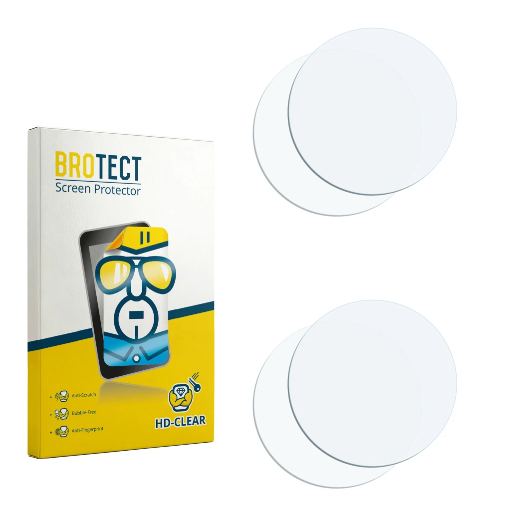 Parte frontal de un envase de producto con el logotipo de la marca BROTECT. Al lado está el protector de pantalla correspondie