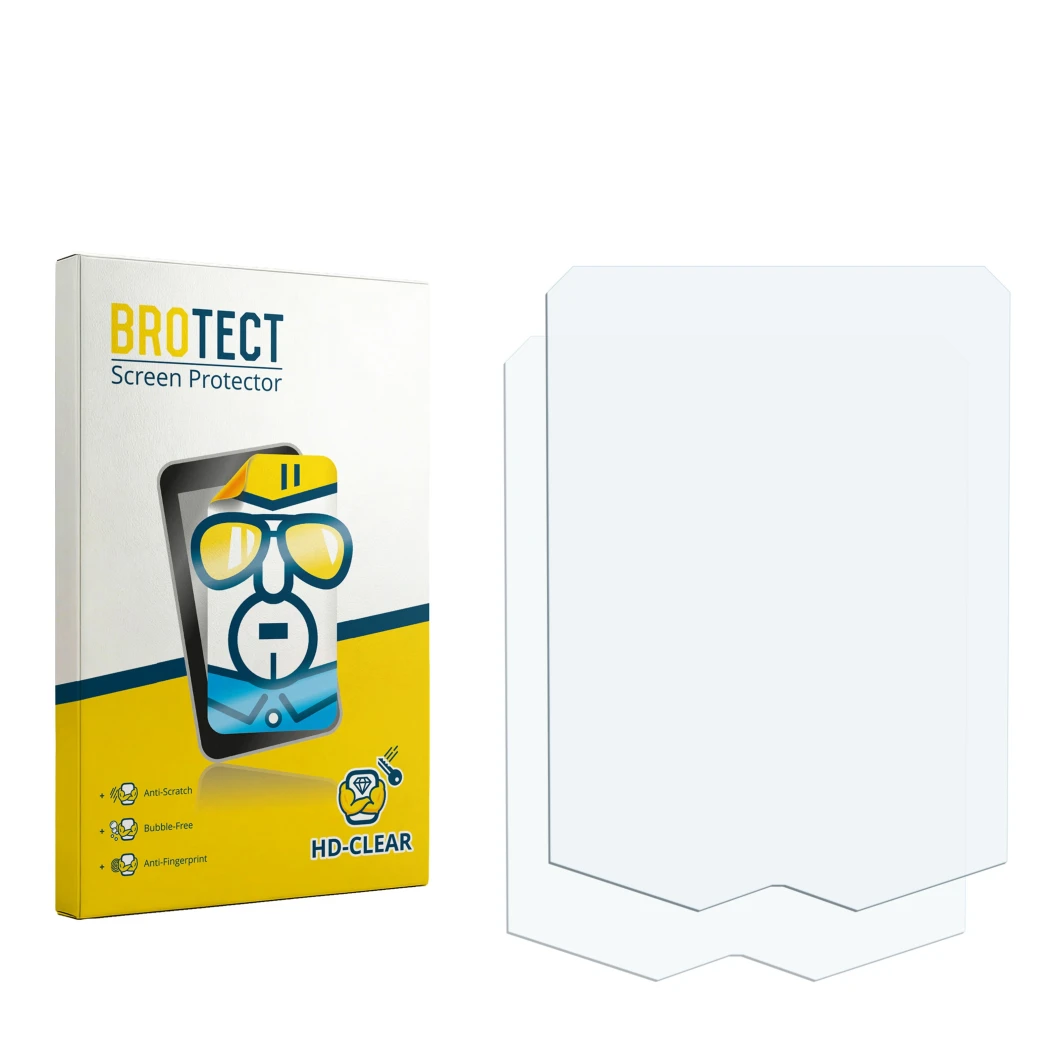 Parte frontal de un envase de producto con el logotipo de la marca BROTECT. Al lado está el protector de pantalla correspondie