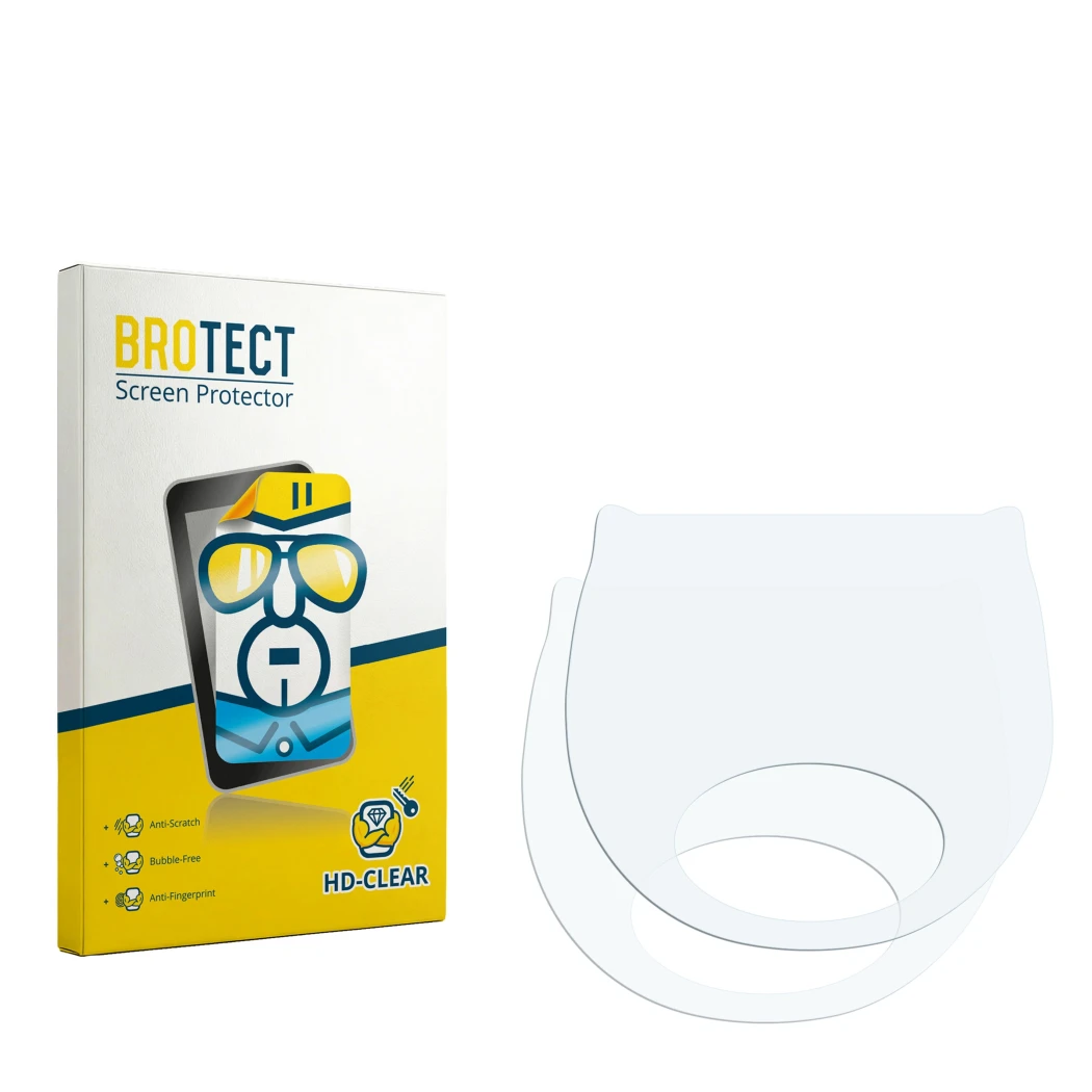 Parte frontal de un envase de producto con el logotipo de la marca BROTECT. Al lado está el protector de pantalla correspondie