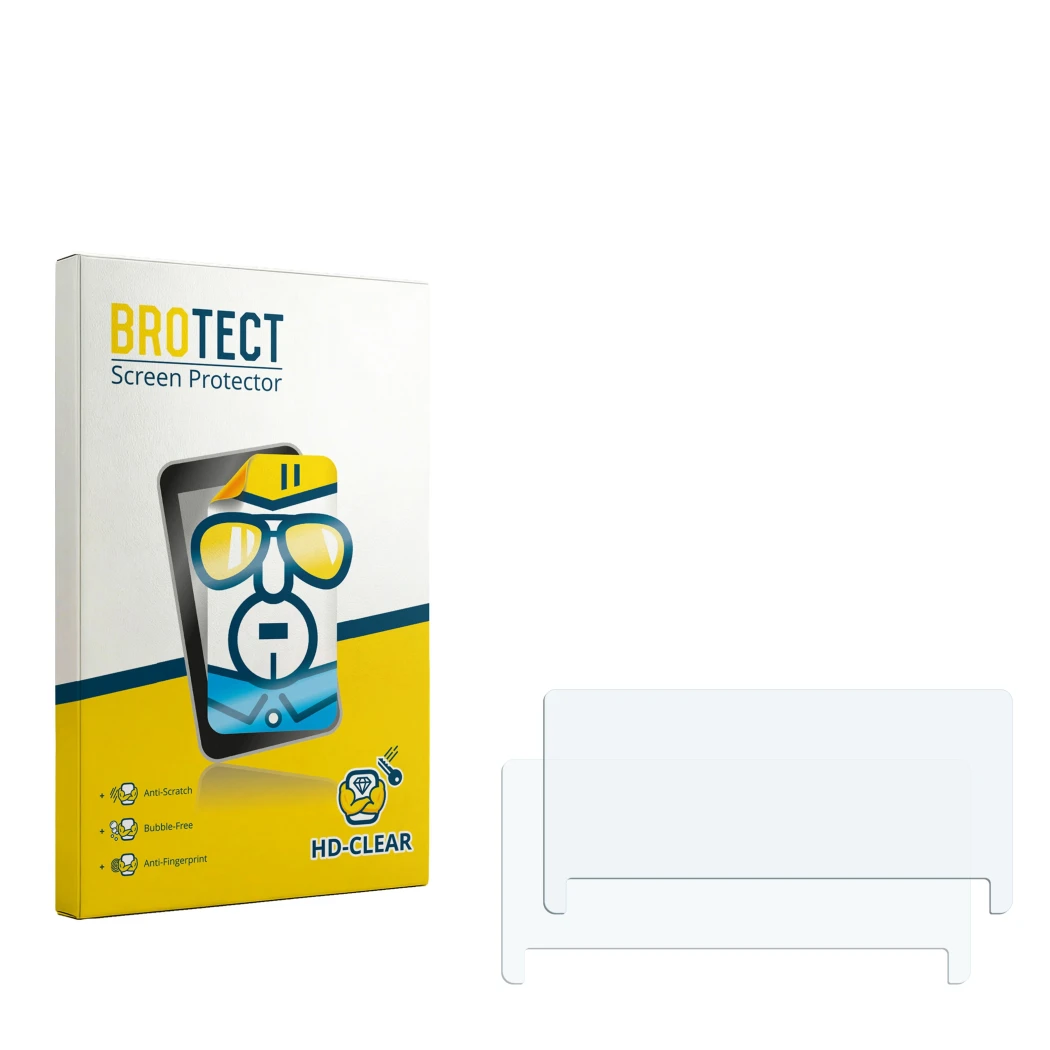 Parte frontal de un envase de producto con el logotipo de la marca BROTECT. Al lado está el protector de pantalla correspondie