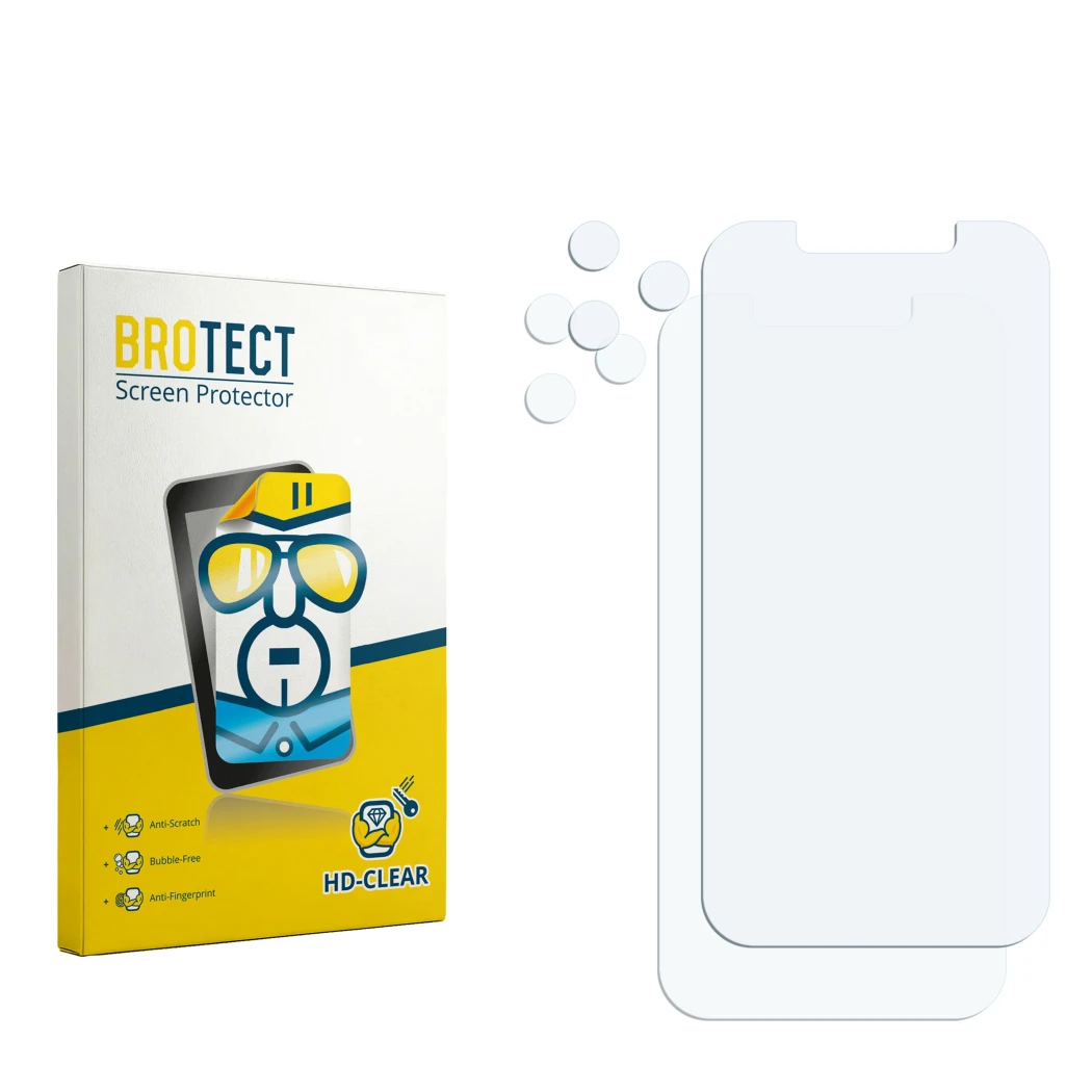 Parte frontal de un envase de producto con el logotipo de la marca BROTECT. Al lado está el protector de pantalla correspondie