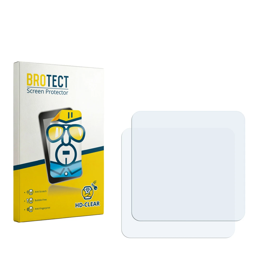 Parte frontal de un envase de producto con el logotipo de la marca BROTECT. Al lado está el protector de pantalla correspondie
