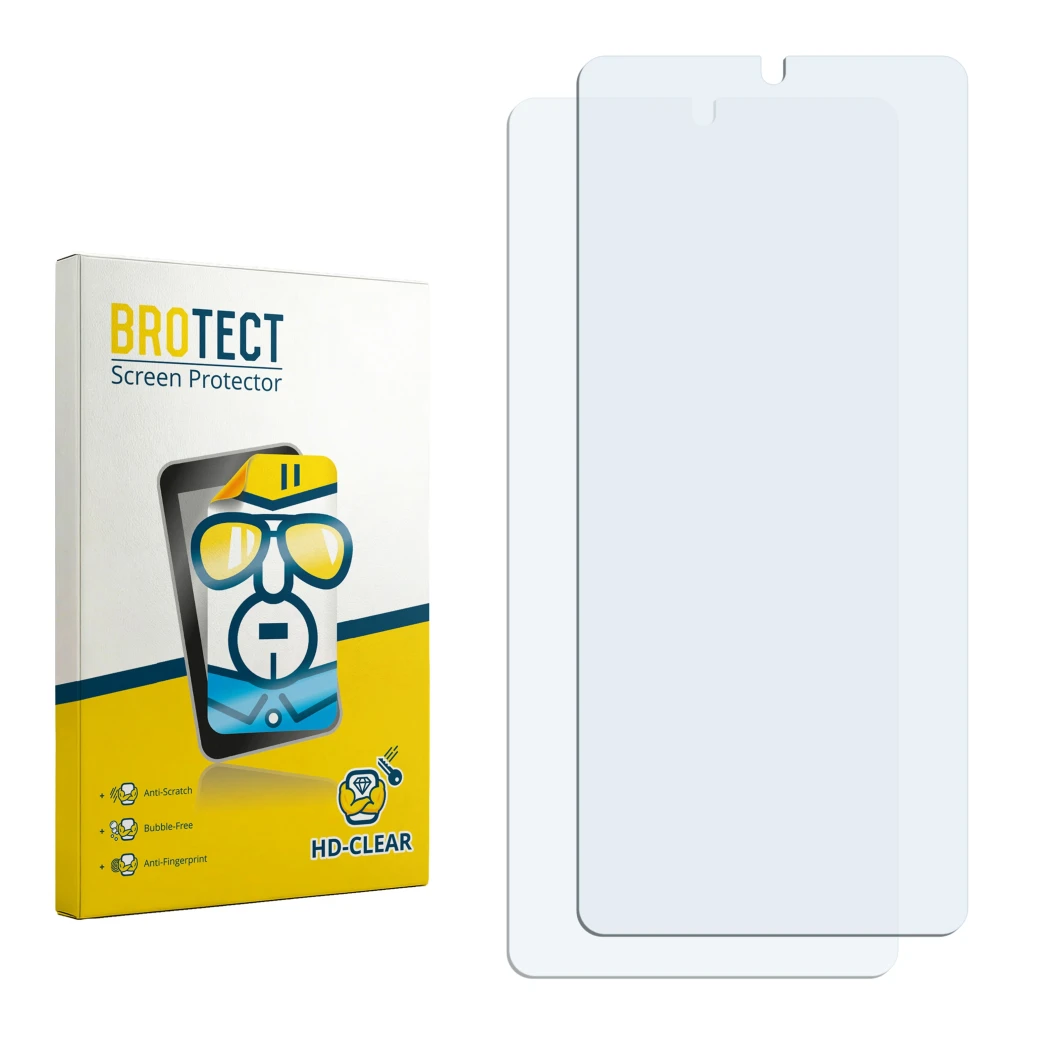 Parte frontal de un envase de producto con el logotipo de la marca BROTECT. Al lado está el protector de pantalla correspondie