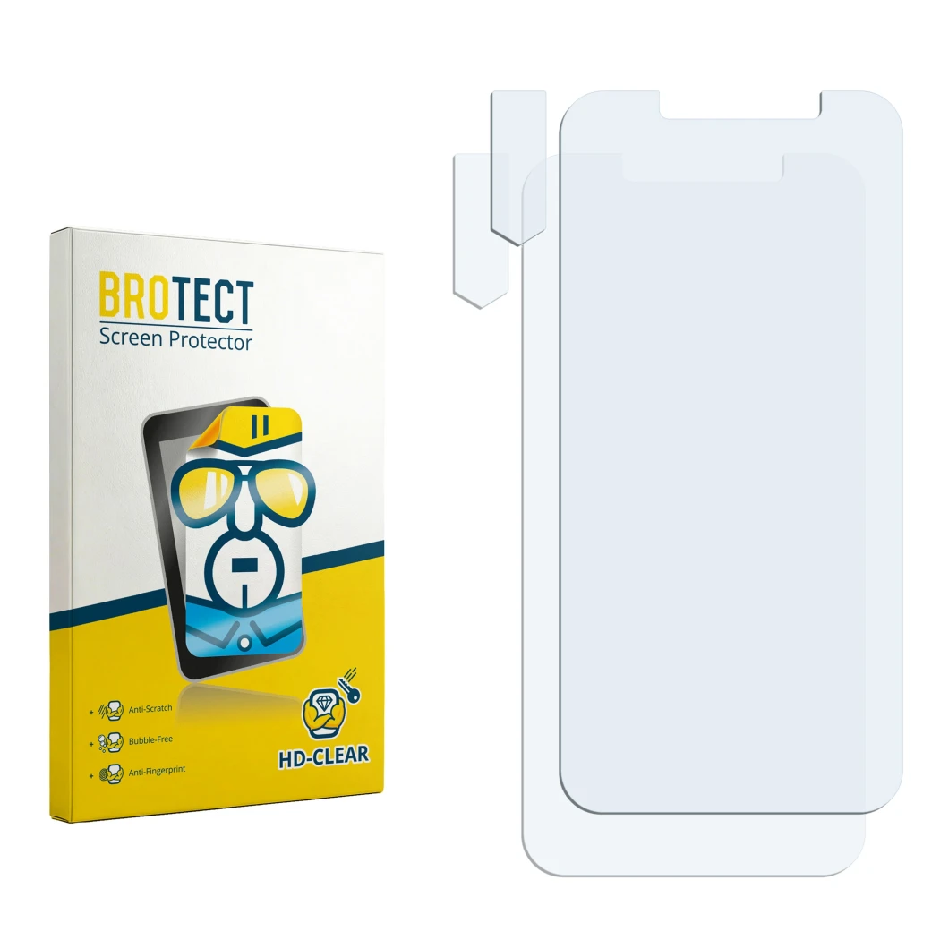 Parte frontal de un envase de producto con el logotipo de la marca BROTECT. Al lado está el protector de pantalla correspondie