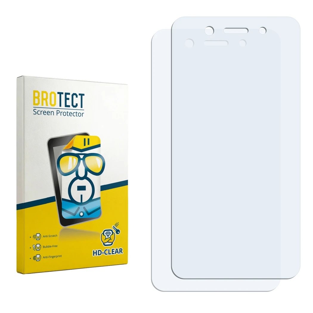 Parte frontal de un envase de producto con el logotipo de la marca BROTECT. Al lado está el protector de pantalla correspondie