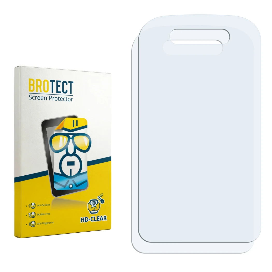 Parte frontal de un envase de producto con el logotipo de la marca BROTECT. Al lado está el protector de pantalla correspondie
