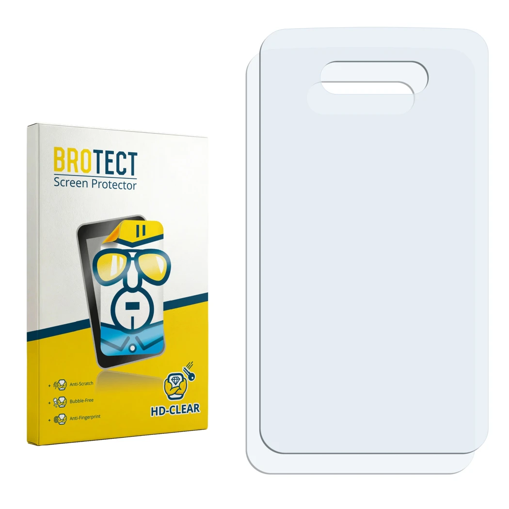 Parte frontal de un envase de producto con el logotipo de la marca BROTECT. Al lado está el protector de pantalla correspondie