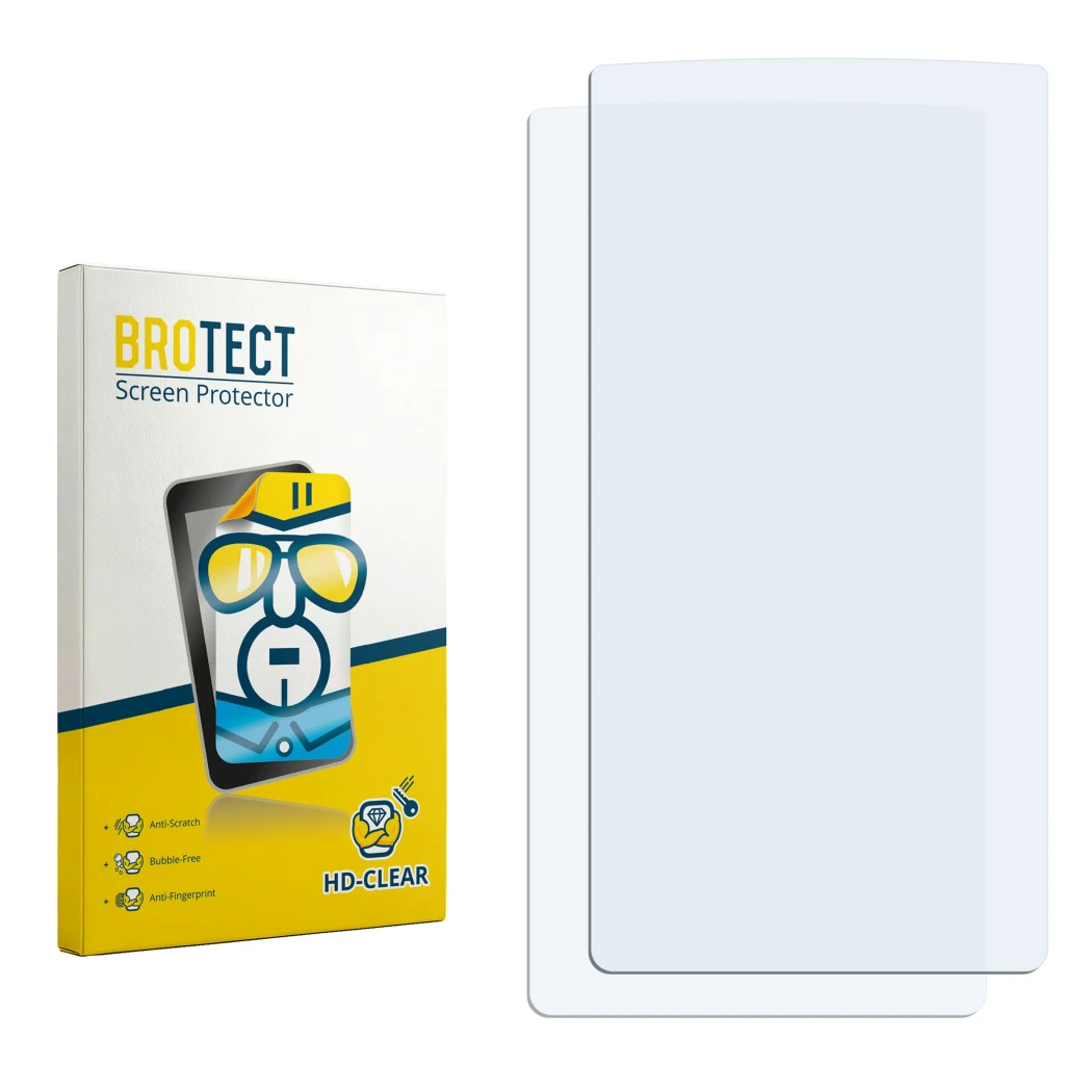Parte frontal de un envase de producto con el logotipo de la marca BROTECT. Al lado está el protector de pantalla correspondie