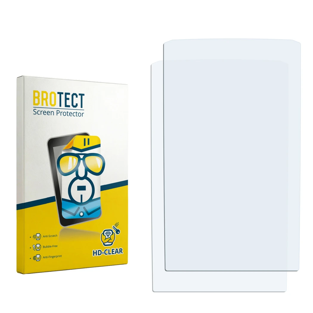Parte frontal de un envase de producto con el logotipo de la marca BROTECT. Al lado está el protector de pantalla correspondie