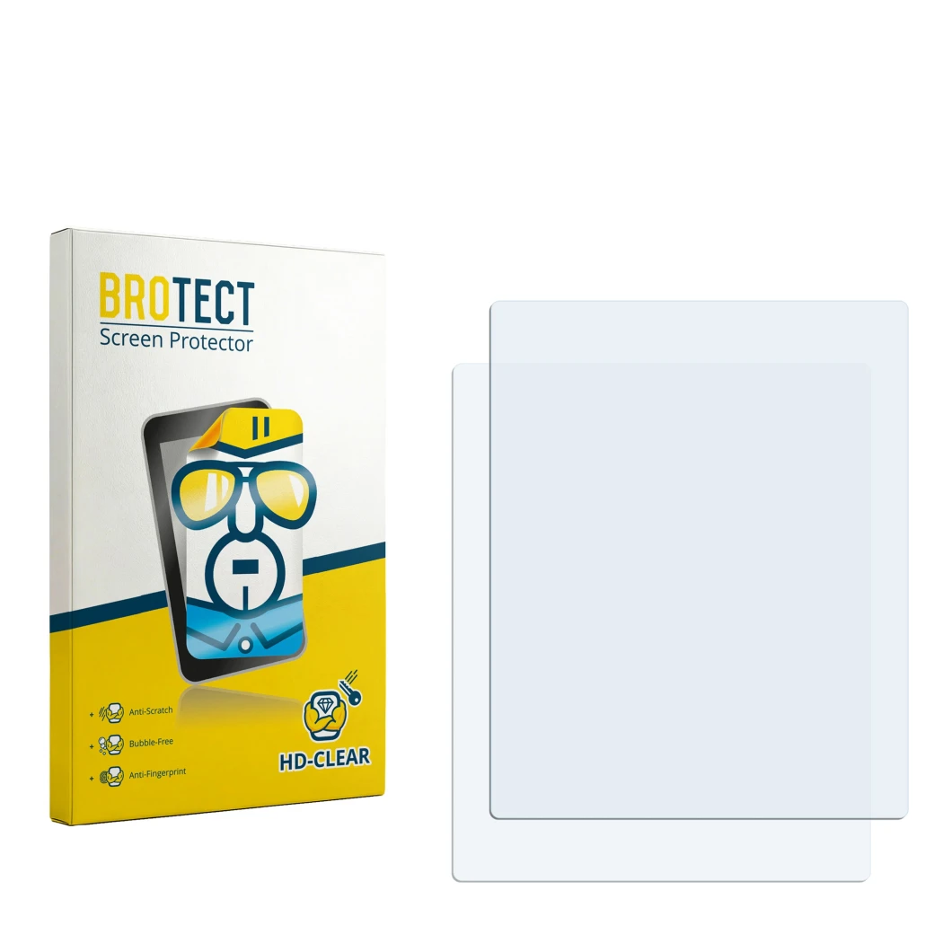 Parte frontal de un envase de producto con el logotipo de la marca BROTECT. Al lado está el protector de pantalla correspondie