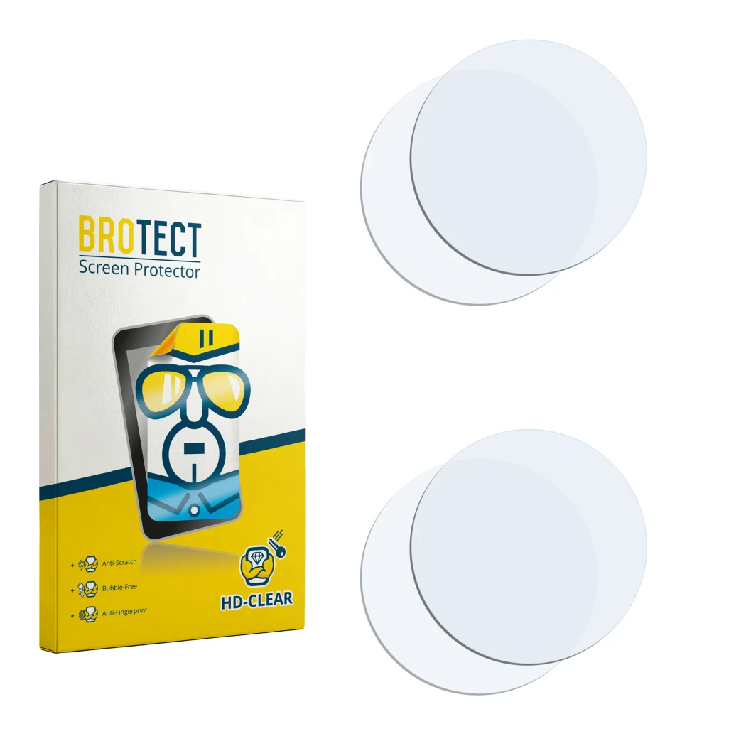 Parte frontal de un envase de producto con el logotipo de la marca BROTECT. Al lado está el protector de pantalla correspondie
