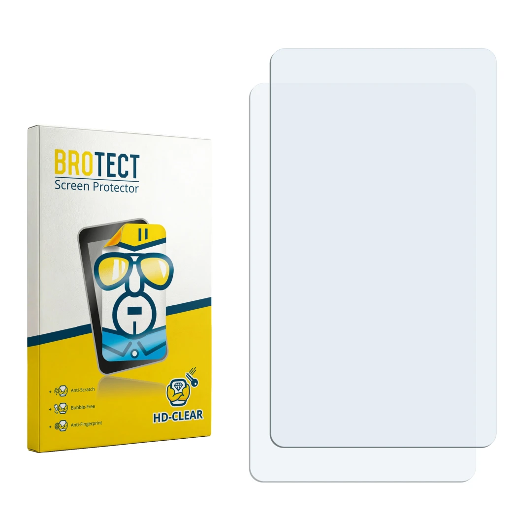 Parte frontal de un envase de producto con el logotipo de la marca BROTECT. Al lado está el protector de pantalla correspondie