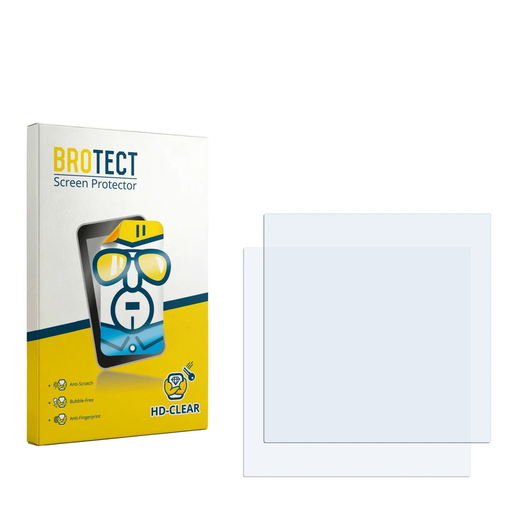 Parte frontal de un envase de producto con el logotipo de la marca BROTECT. Al lado está el protector de pantalla correspondie