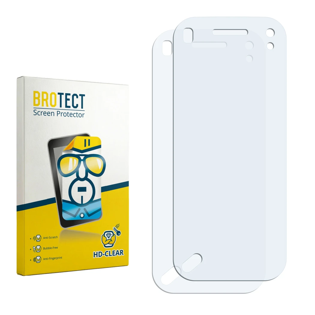 Parte frontal de un envase de producto con el logotipo de la marca BROTECT. Al lado está el protector de pantalla correspondie