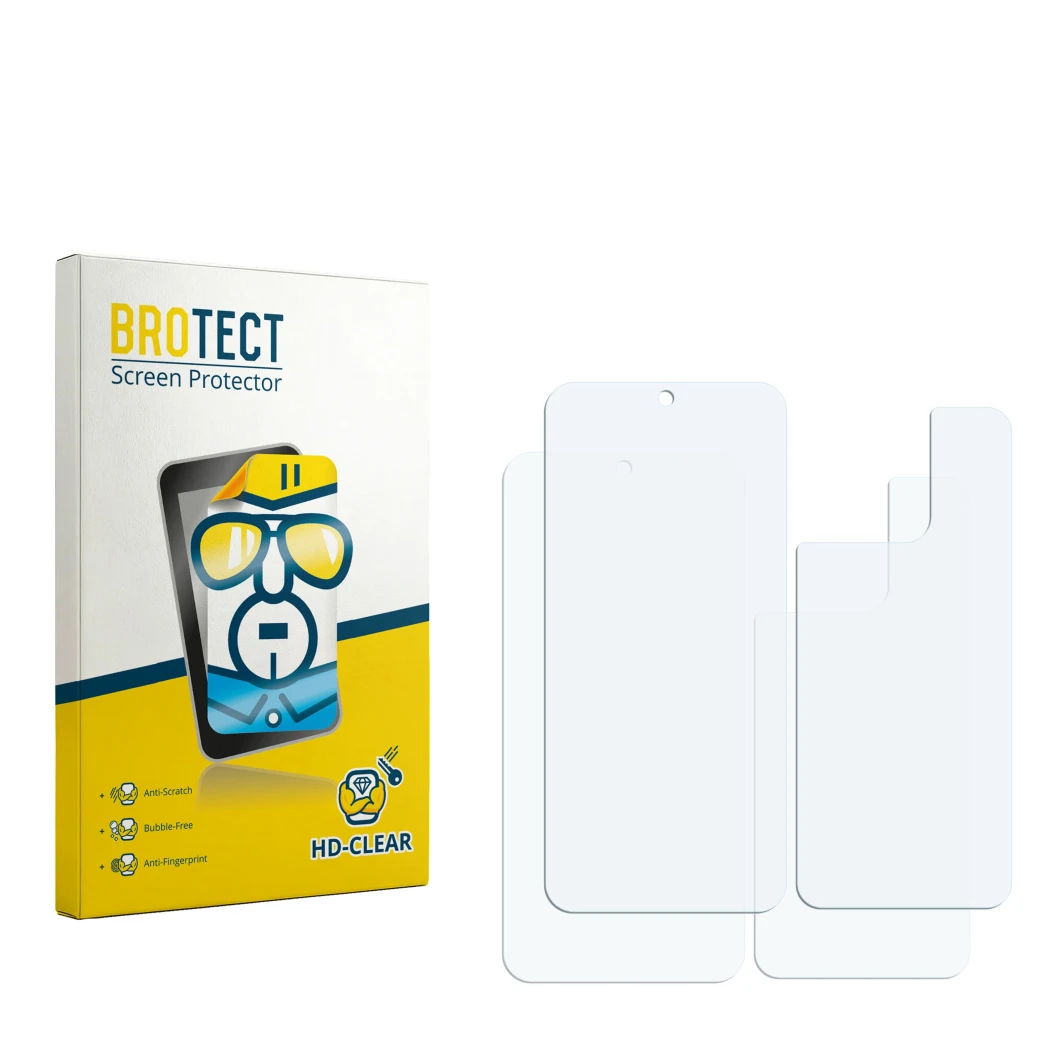 Parte frontal de un envase de producto con el logotipo de la marca BROTECT. Al lado está el protector de pantalla correspondie