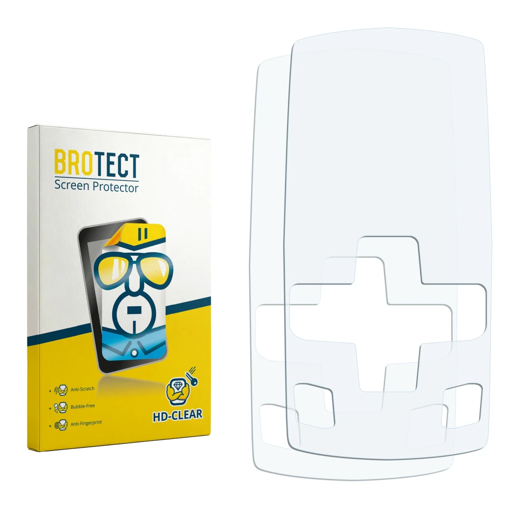 Parte frontal de un envase de producto con el logotipo de la marca BROTECT. Al lado está el protector de pantalla correspondie