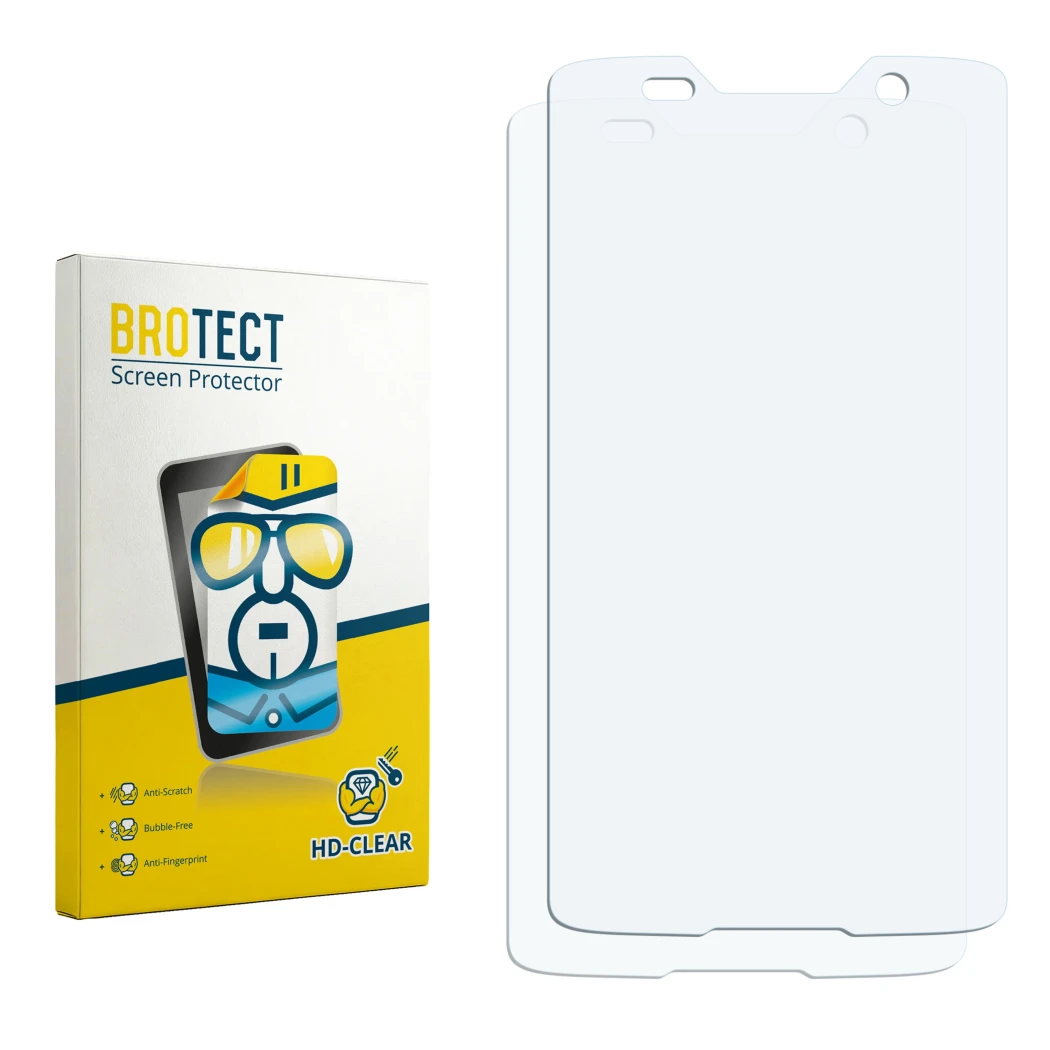 Parte frontal de un envase de producto con el logotipo de la marca BROTECT. Al lado está el protector de pantalla correspondie