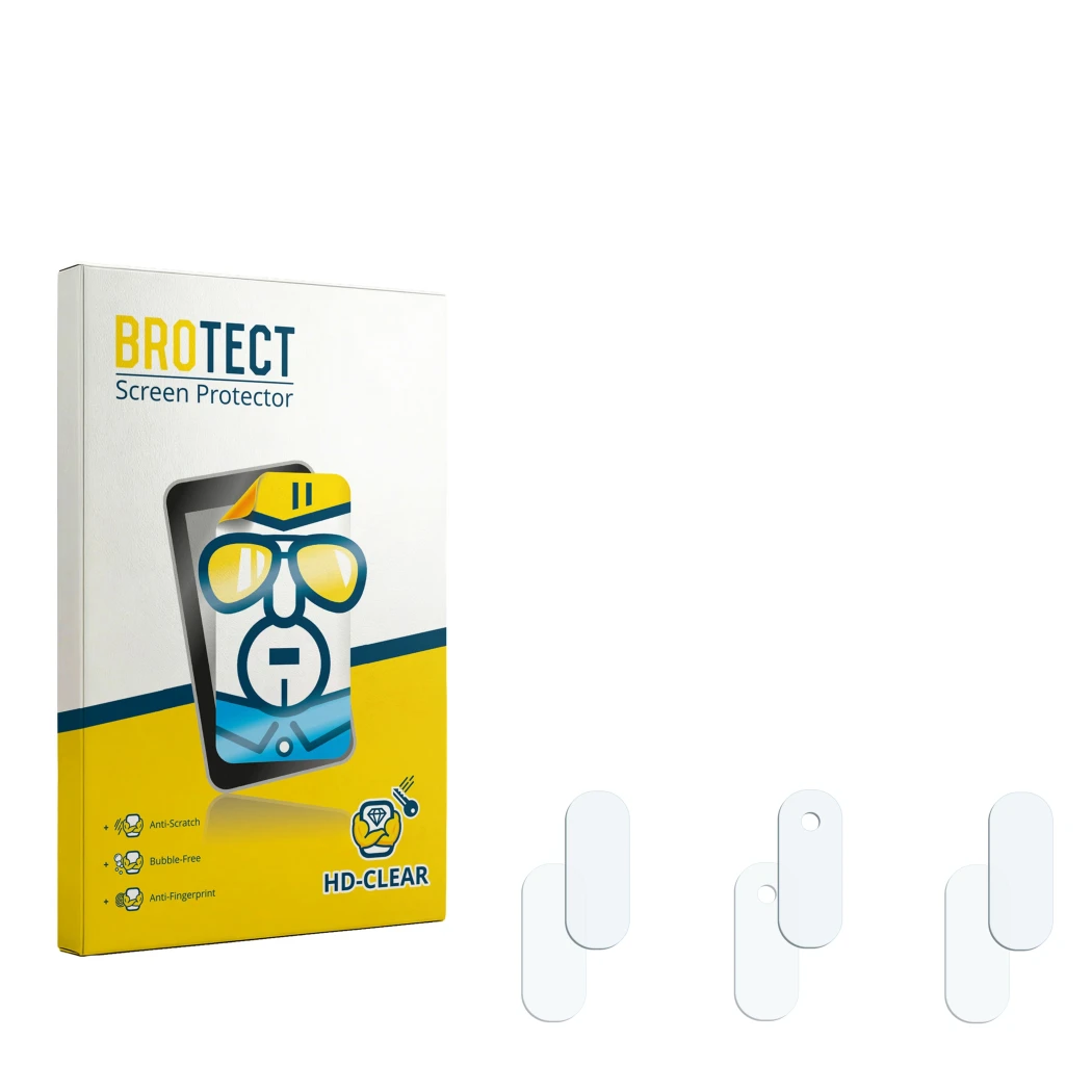 Parte frontal de un envase de producto con el logotipo de la marca BROTECT. Al lado está el protector de pantalla correspondie