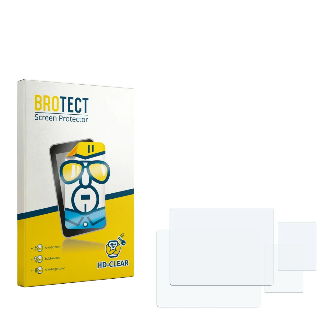 Parte frontal de un envase de producto con el logotipo de la marca BROTECT. Al lado está el protector de pantalla correspondie