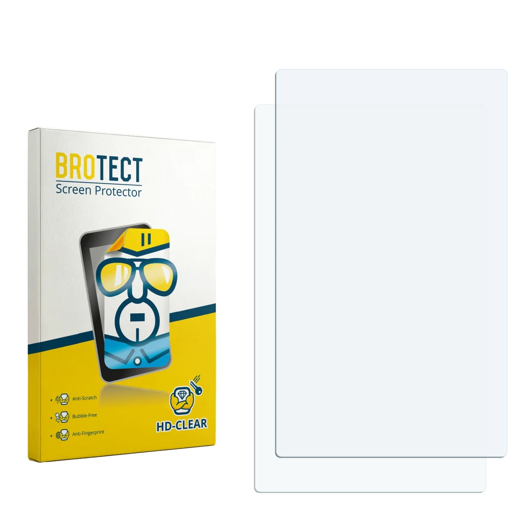 Parte frontal de un envase de producto con el logotipo de la marca BROTECT. Al lado está el protector de pantalla correspondie