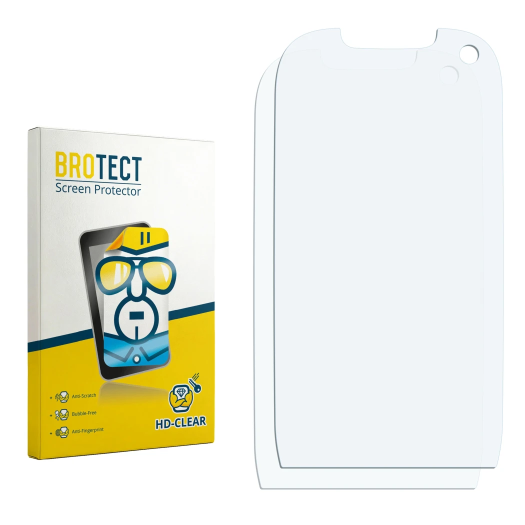 Parte frontal de un envase de producto con el logotipo de la marca BROTECT. Al lado está el protector de pantalla correspondie