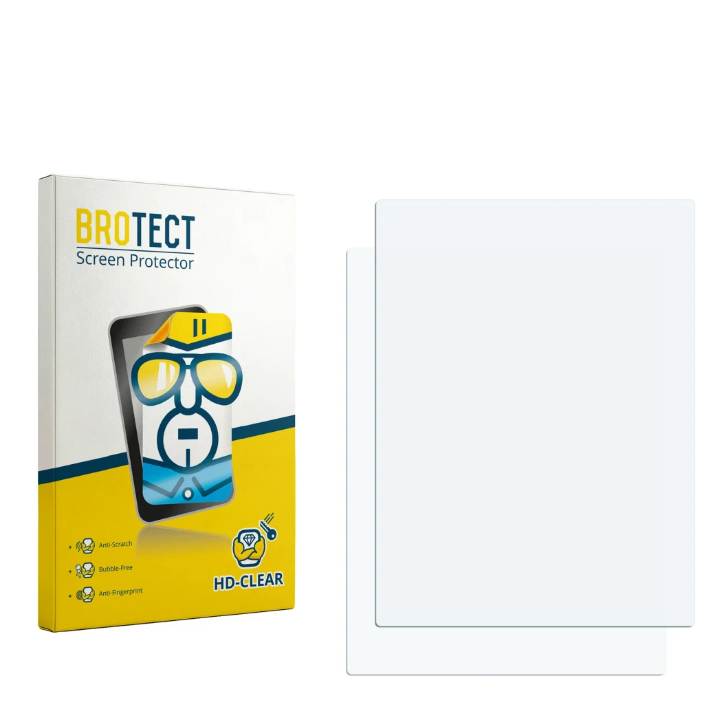 Parte frontal de un envase de producto con el logotipo de la marca BROTECT. Al lado está el protector de pantalla correspondie