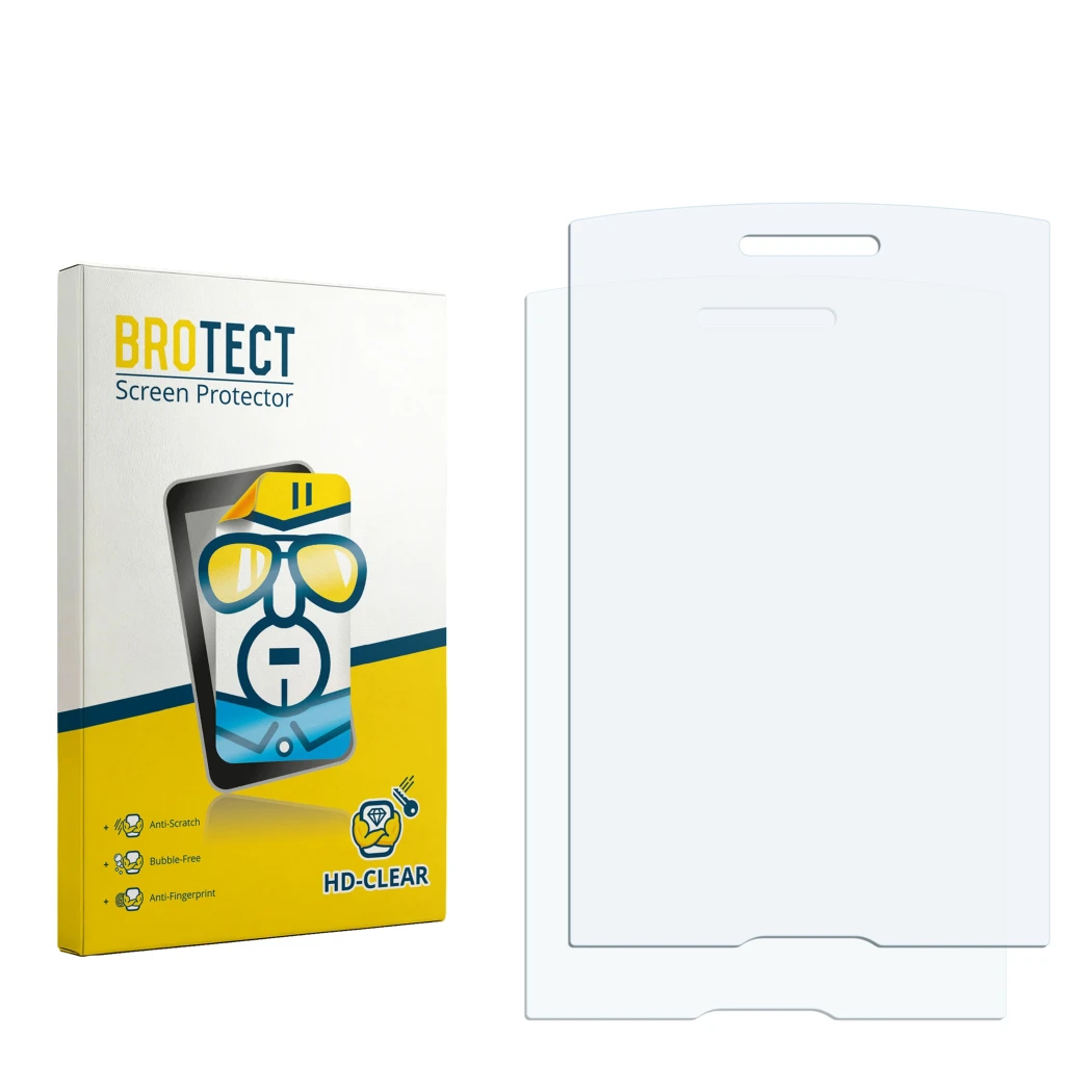 Parte frontal de un envase de producto con el logotipo de la marca BROTECT. Al lado está el protector de pantalla correspondie