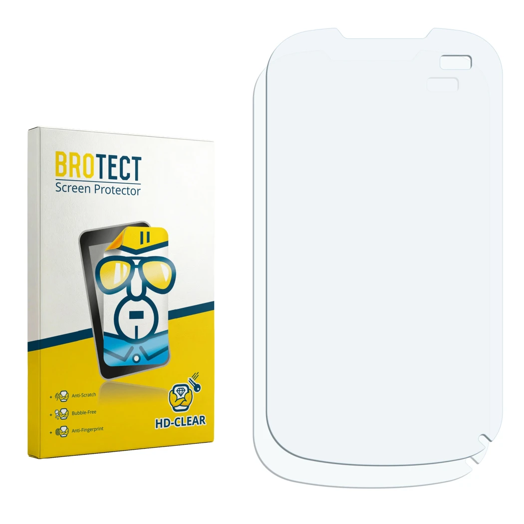 Parte frontal de un envase de producto con el logotipo de la marca BROTECT. Al lado está el protector de pantalla correspondie