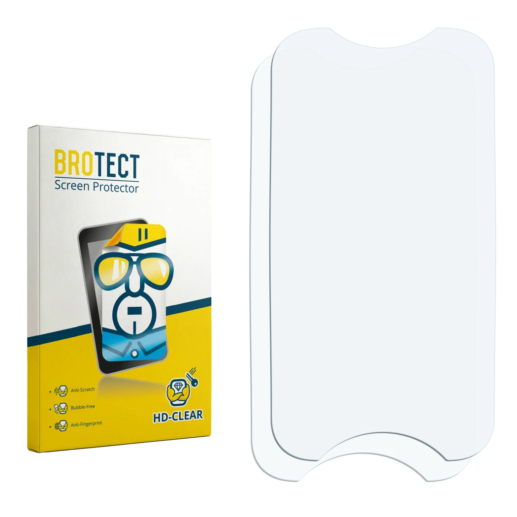 Parte frontal de un envase de producto con el logotipo de la marca BROTECT. Al lado está el protector de pantalla correspondie