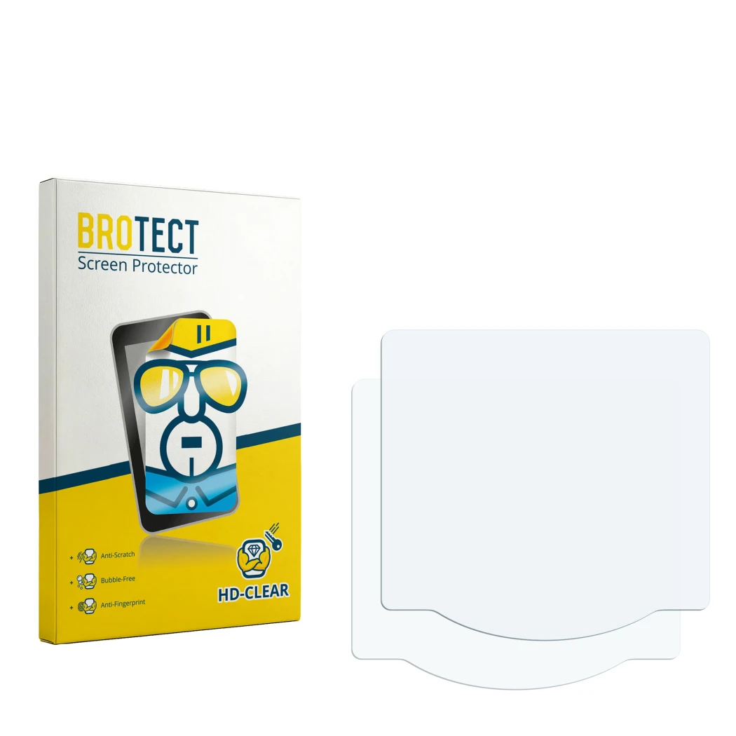 Parte frontal de un envase de producto con el logotipo de la marca BROTECT. Al lado está el protector de pantalla correspondie
