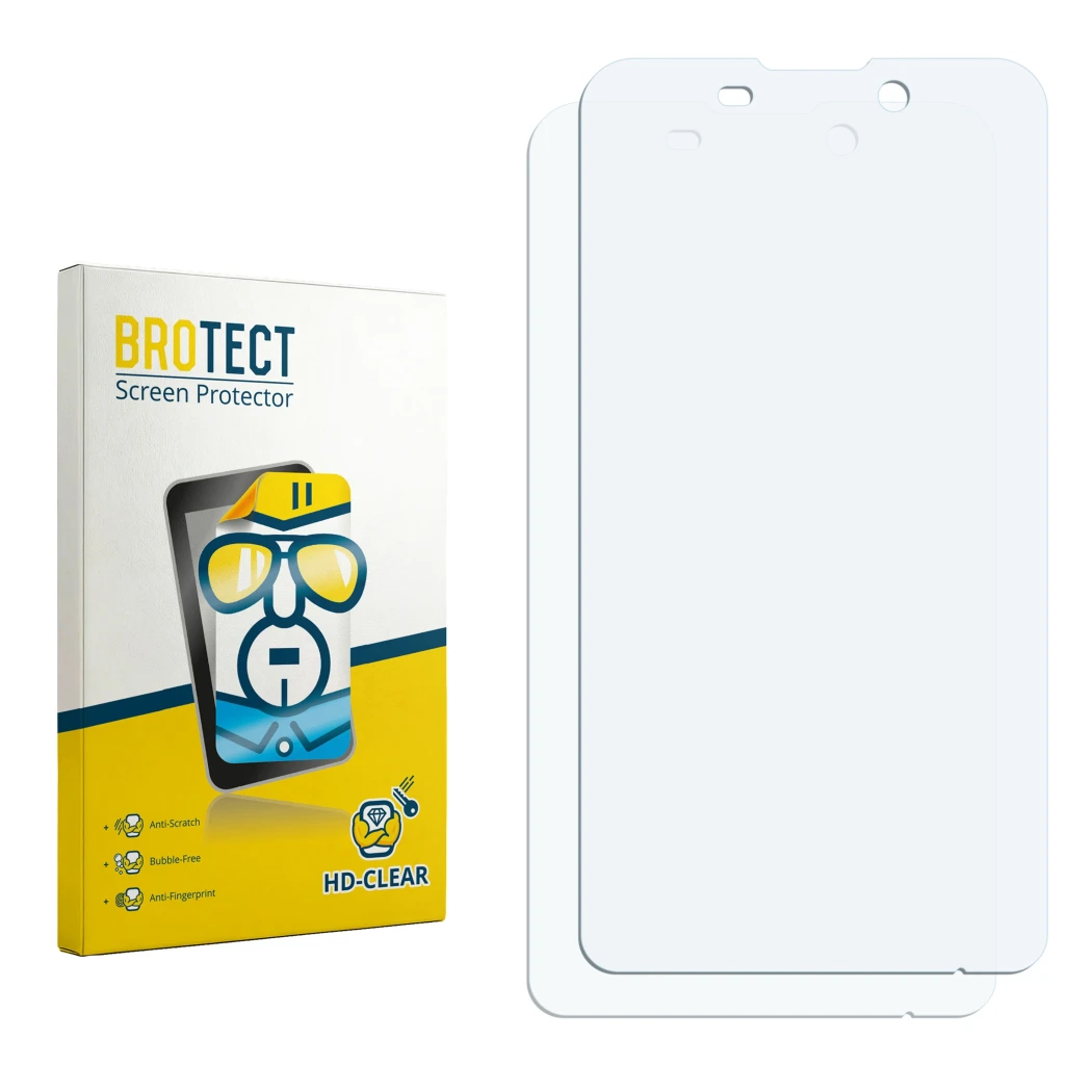 Parte frontal de un envase de producto con el logotipo de la marca BROTECT. Al lado está el protector de pantalla correspondie