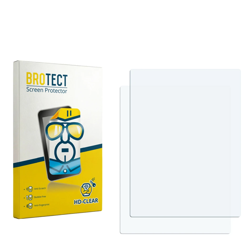 Parte frontal de un envase de producto con el logotipo de la marca BROTECT. Al lado está el protector de pantalla correspondie