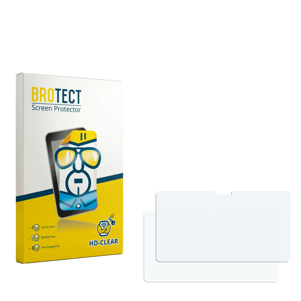Parte frontal de un envase de producto con el logotipo de la marca BROTECT. Al lado está el protector de pantalla correspondie
