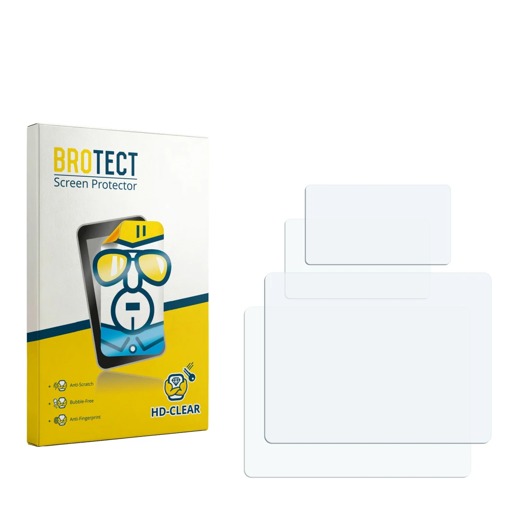 Parte frontal de un envase de producto con el logotipo de la marca BROTECT. Al lado está el protector de pantalla correspondie