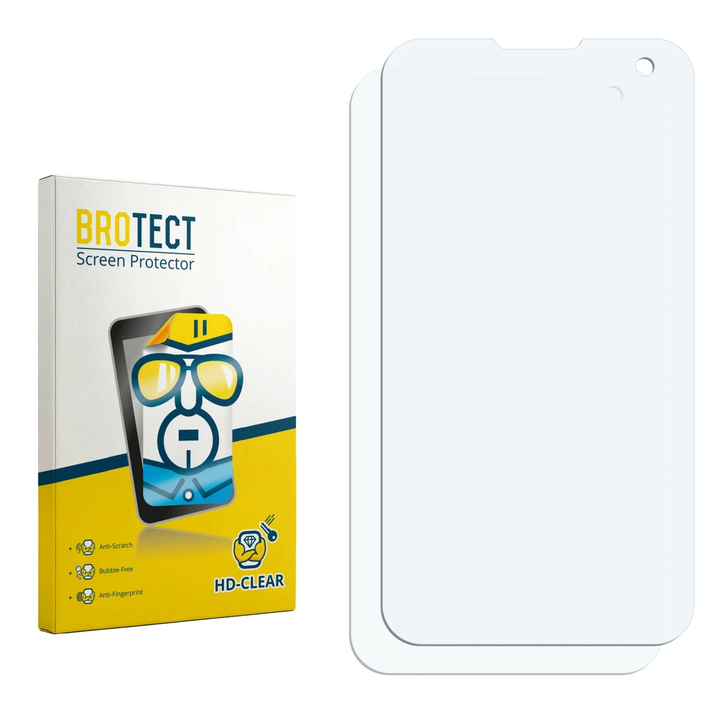 Parte frontal de un envase de producto con el logotipo de la marca BROTECT. Al lado está el protector de pantalla correspondie