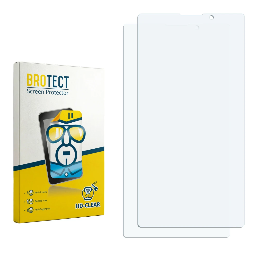 Parte frontal de un envase de producto con el logotipo de la marca BROTECT. Al lado está el protector de pantalla correspondie