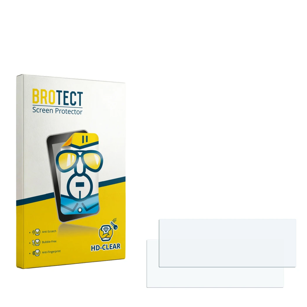 Parte frontal de un envase de producto con el logotipo de la marca BROTECT. Al lado está el protector de pantalla correspondie