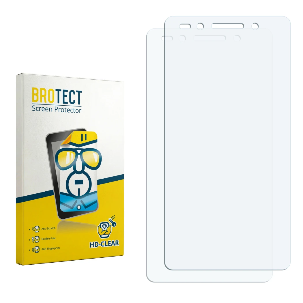 Parte frontal de un envase de producto con el logotipo de la marca BROTECT. Al lado está el protector de pantalla correspondie