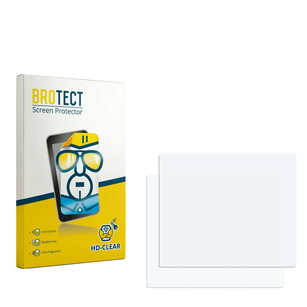Parte frontal de un envase de producto con el logotipo de la marca BROTECT. Al lado está el protector de pantalla correspondie