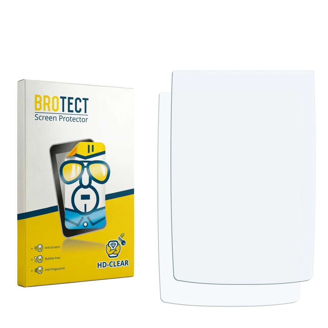 Parte frontal de un envase de producto con el logotipo de la marca BROTECT. Al lado está el protector de pantalla correspondie