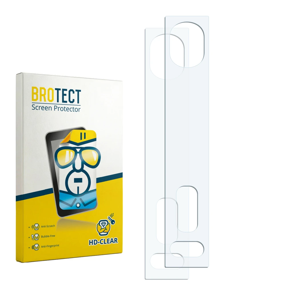 Parte frontal de un envase de producto con el logotipo de la marca BROTECT. Al lado está el protector de pantalla correspondie