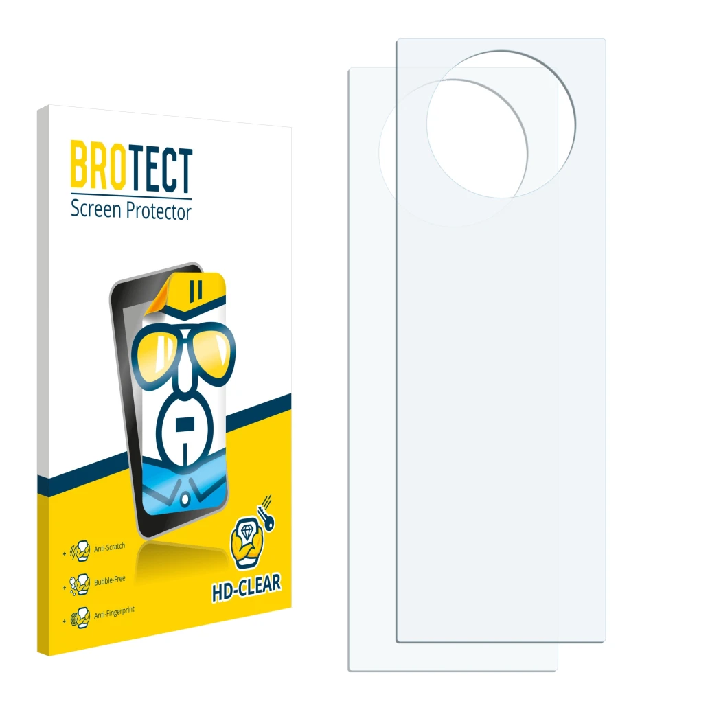 Parte frontal de un envase de producto con el logotipo de la marca BROTECT. Al lado está el protector de pantalla correspondie