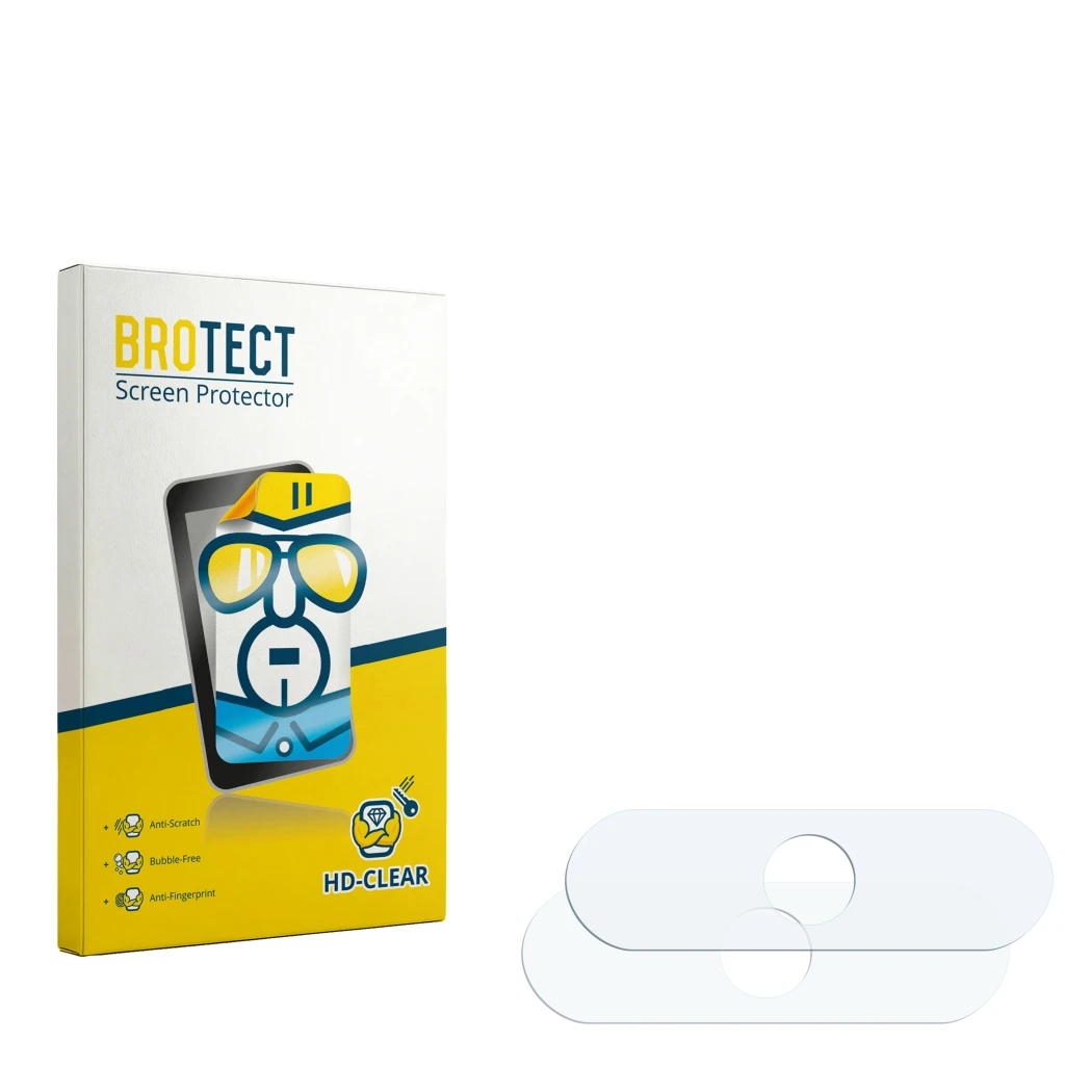 Parte frontal de un envase de producto con el logotipo de la marca BROTECT. Al lado está el protector de pantalla correspondie