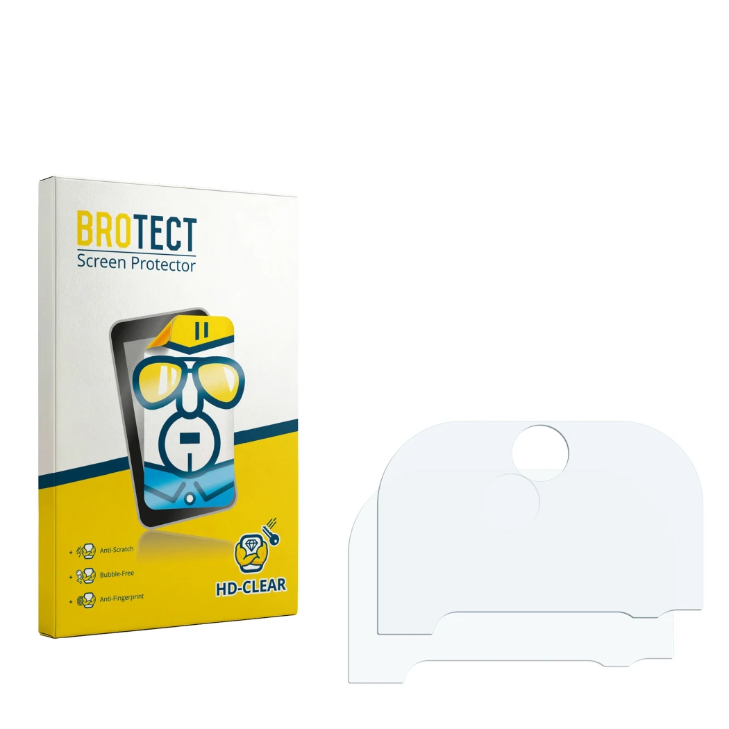 Parte frontal de un envase de producto con el logotipo de la marca BROTECT. Al lado está el protector de pantalla correspondie