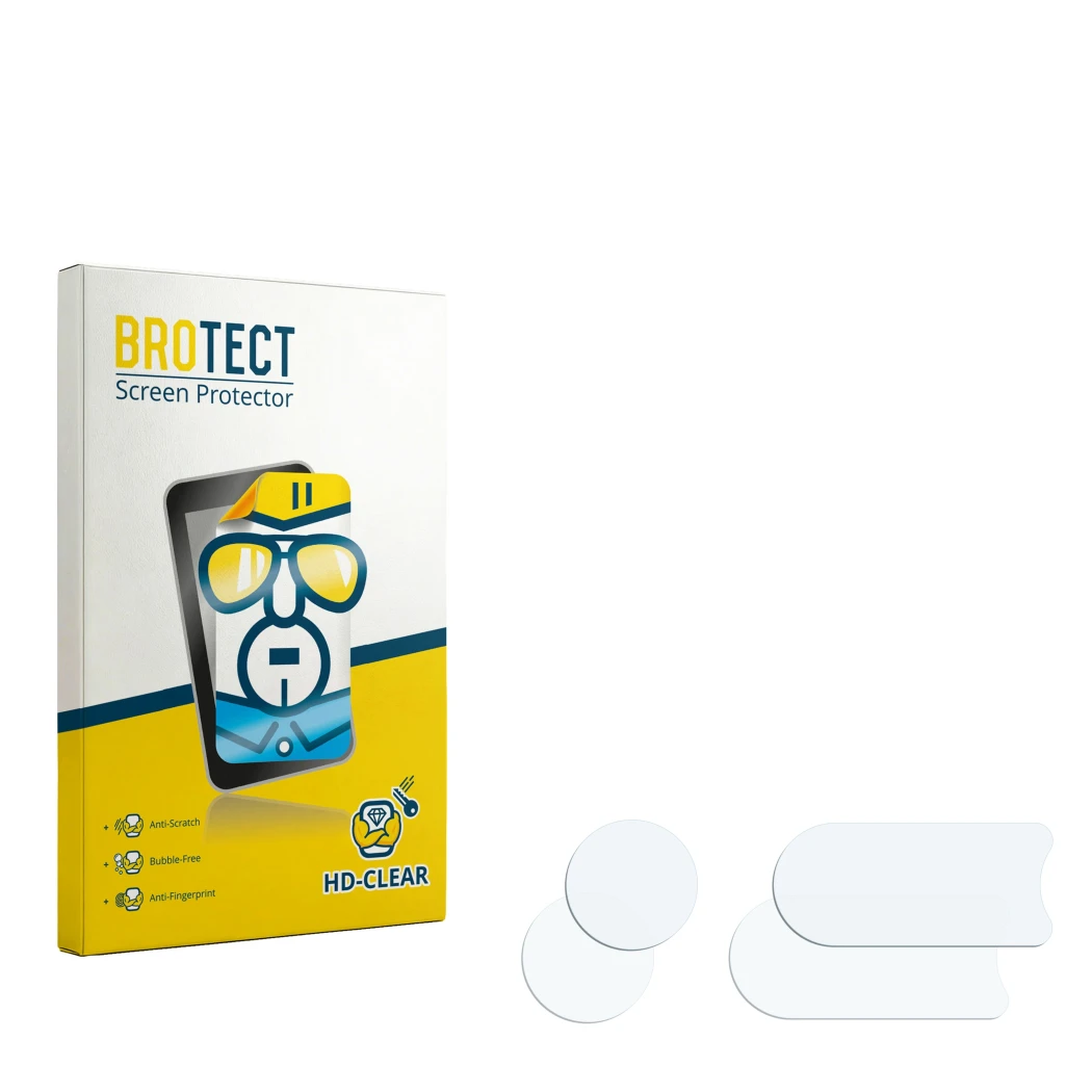 Parte frontal de un envase de producto con el logotipo de la marca BROTECT. Al lado está el protector de pantalla correspondie