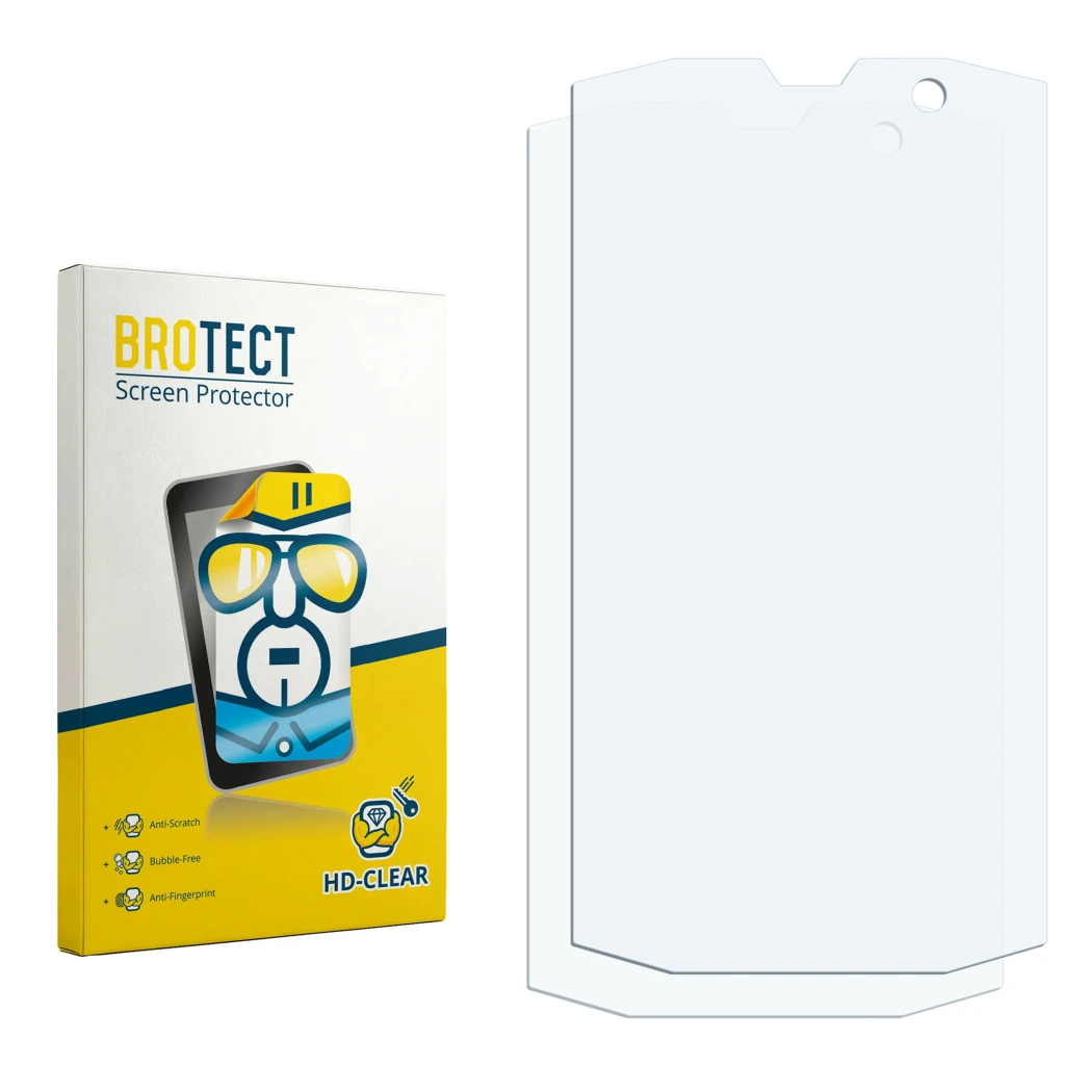 Parte frontal de un envase de producto con el logotipo de la marca BROTECT. Al lado está el protector de pantalla correspondie