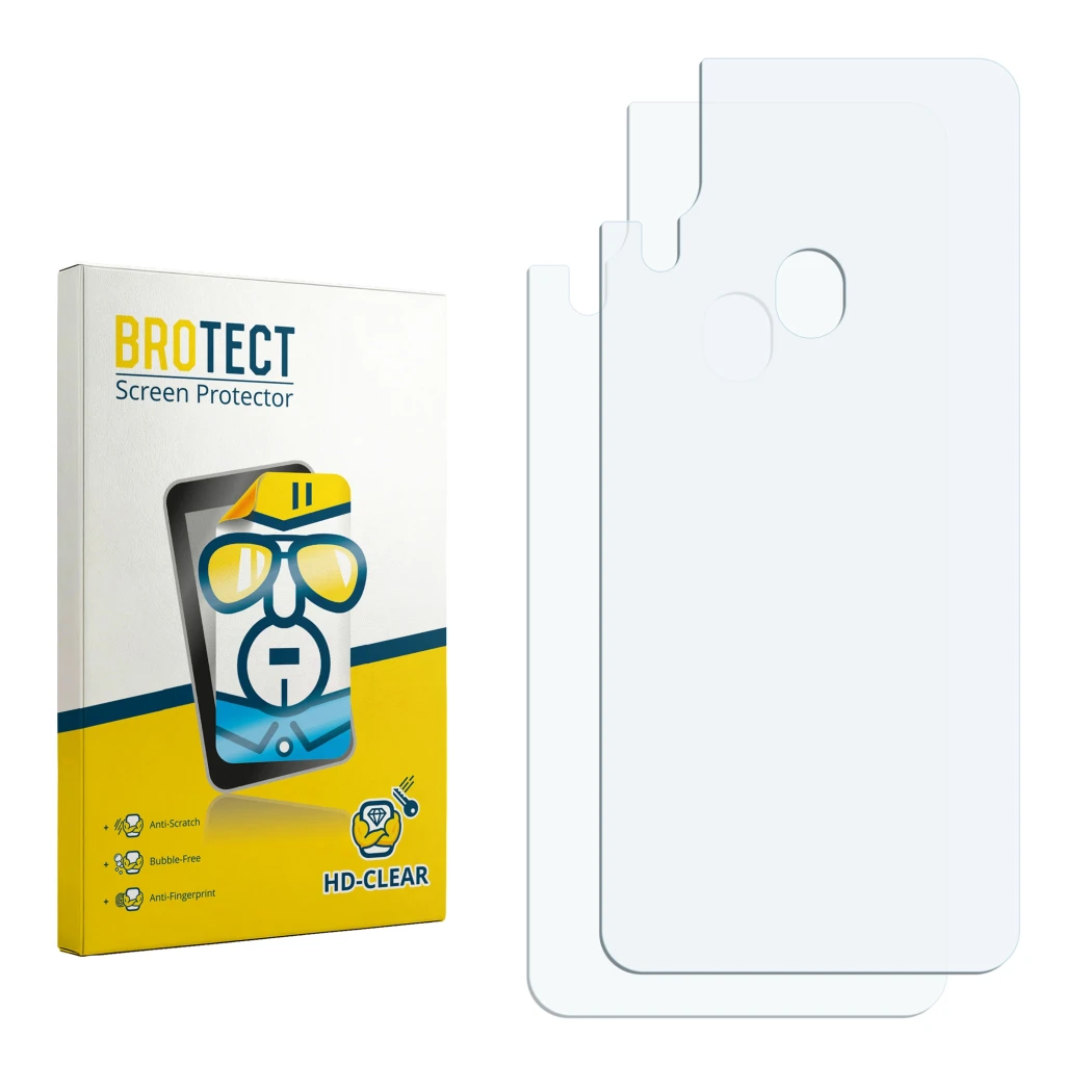 Parte frontal de un envase de producto con el logotipo de la marca BROTECT. Al lado está el protector de pantalla correspondie